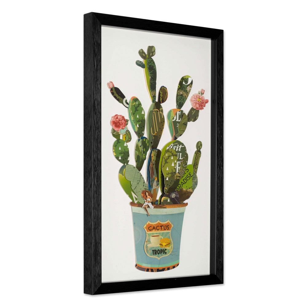 Kreative 3D-Collage: Kaktus in der Vase - Vintage Wanddekoration mit Glasrahmen. Diese detailreiche Darstellung eines Kaktus in einem Topf verleiht jedem Raum Tiefe und Lebendigkeit.