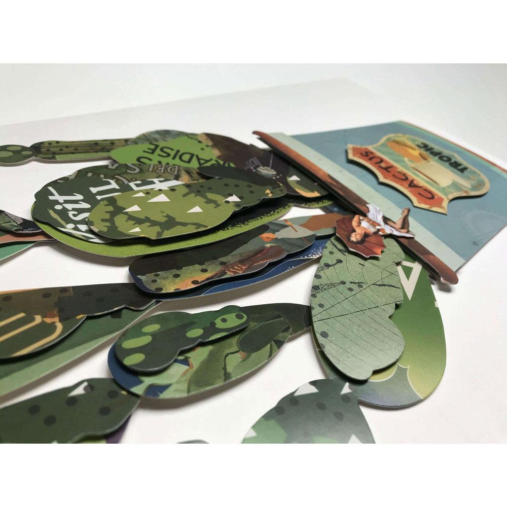 Detailaufnahme der kreativen 3D-Collage "Kaktus in der Vase" mit verschiedenen Farb- und Formelementen, die das Vintage-Design ergänzen.