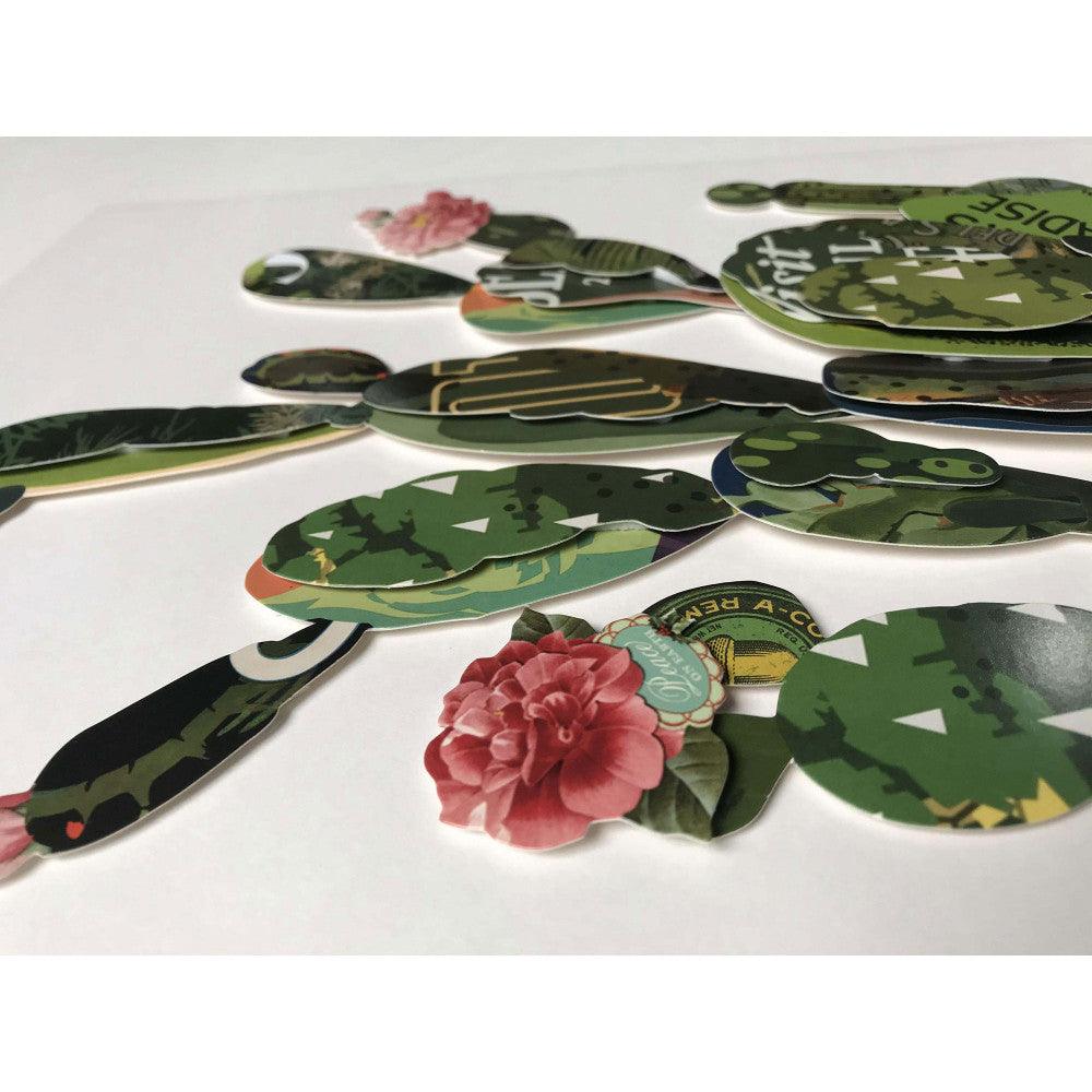 Nahaufnahme mehrerer dekorativer Elemente der 3D-Collage "Kaktus in der Vase", die ein künstlerisches und kreatives Design zeigen.