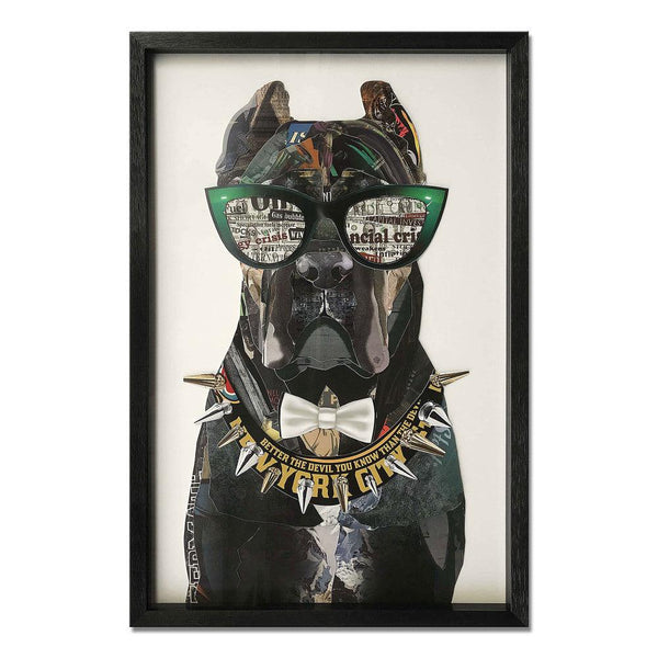 Collage - Hund mit Brille. 3D-Effekt-Bild in Collagetechnik, gerahmt und verglast. - Designerobjekte.com