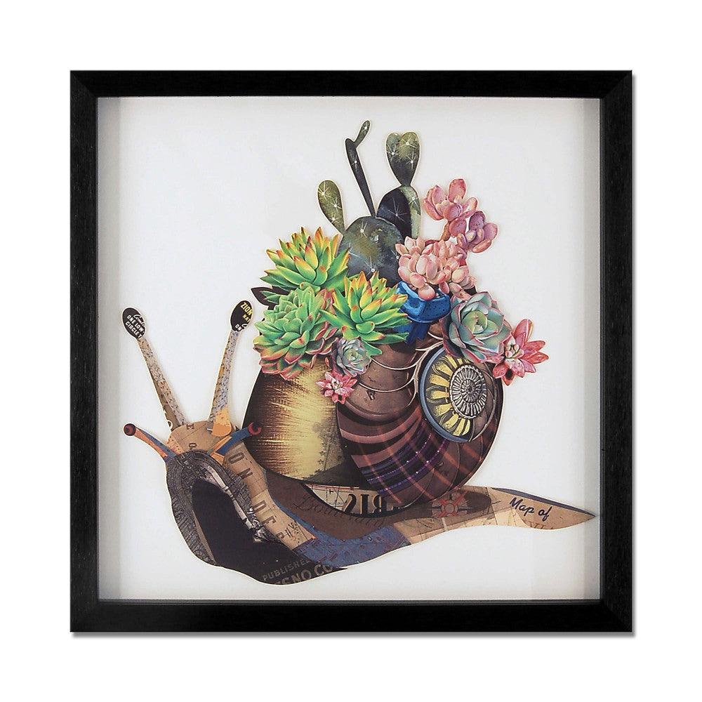 3D-Effekt-Bild: Schnecke mit Blumen im Vintage-Stil, kunstvoll gestaltetes Wandbild, das Eleganz und Natur vereint, in gerahmter Ausführung.