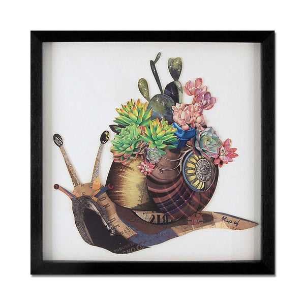 Collage - Schnecke mit Blumen. Nr. 2. 3D-Effekt-Bild in Collagetechnik, gerahmt und verglast. - Designerobjekte.com