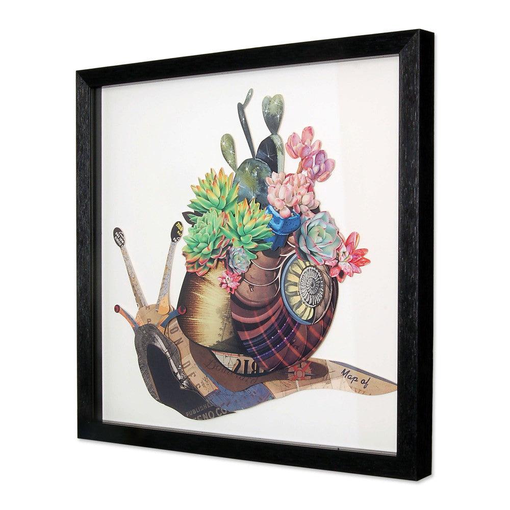 3D-Effekt-Bild: Schnecke mit Blumen im Vintage-Stil, Seitenansicht des dekorativen Wandbildes, zeigt lebendige Farben und detaillierte Verarbeitung.