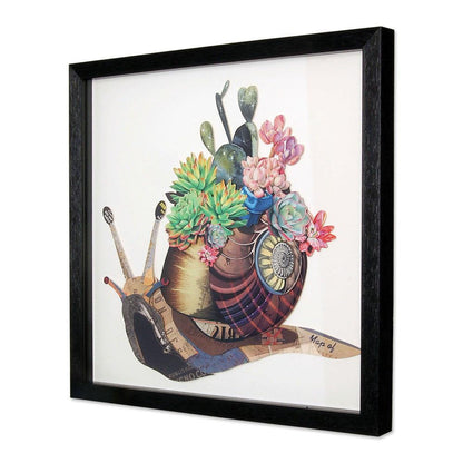 3D-Effekt-Bild: Schnecke mit Blumen im Vintage-Stil, Seitenansicht des dekorativen Wandbildes, zeigt lebendige Farben und detaillierte Verarbeitung.
