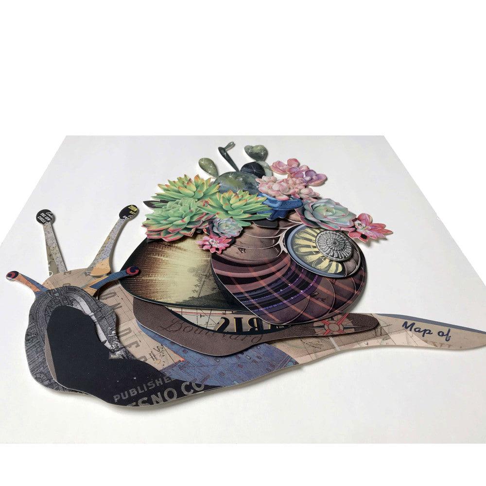 3D-Effekt-Bild: Schnecke mit Blumen im Vintage-Stil, zeigt das einzigartige Design des Kunstwerks mit floralen Elementen und handwerklicher Qualität.