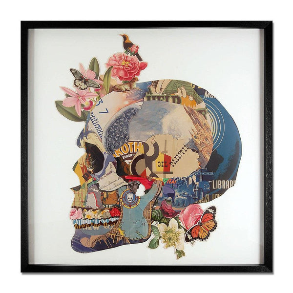 Collage - Totenkopf mit Blumen. 90 x 90 cm. 3D-Effekt-Bild in Collagetechnik, gerahmt und verglast. - Designerobjekte.com