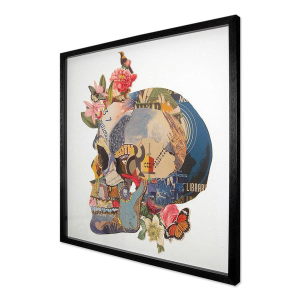 Collage - Totenkopf mit Blumen. 90 x 90 cm. 3D-Effekt-Bild in Collagetechnik, gerahmt und verglast. - Designerobjekte.com