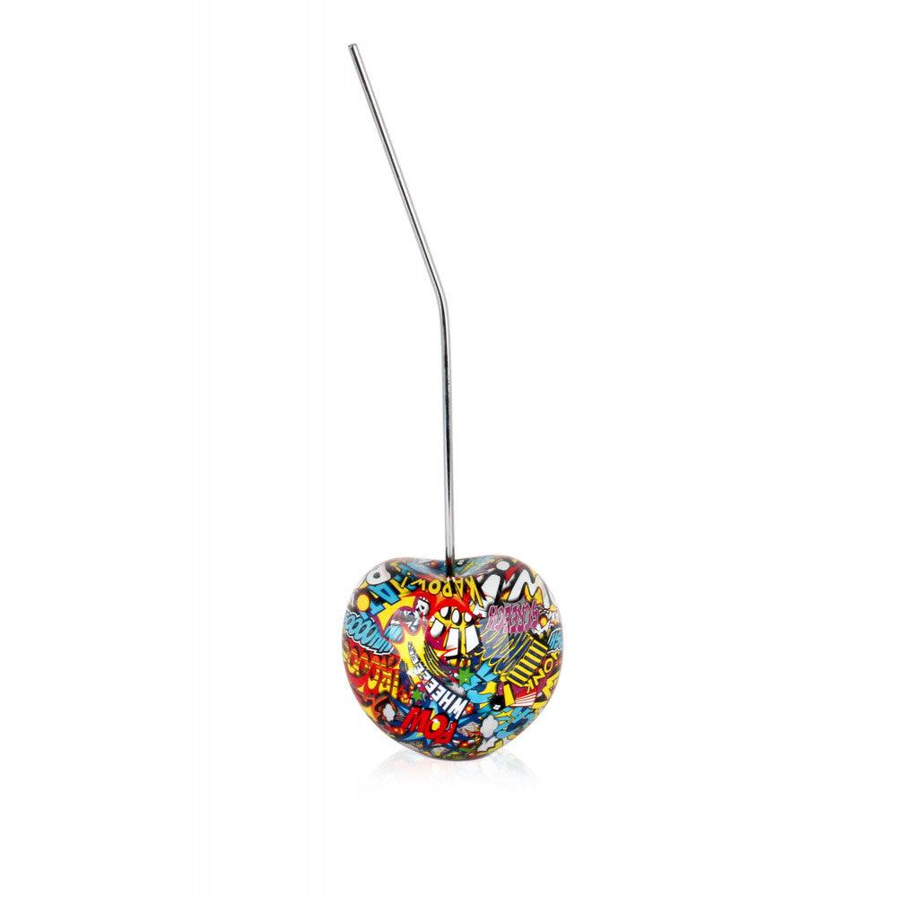 Bunte Pop Art Skulptur 'Kleine Kirsche' aus Harz, runde Form mit Strohhalm, einzigartiges Design in kräftigen Farben für jeden Raum.