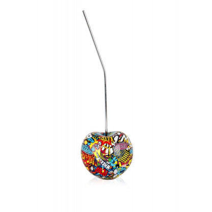 Bunte Pop Art Skulptur 'Kleine Kirsche' aus Harz, runde Form mit Strohhalm, einzigartiges Design in kräftigen Farben für jeden Raum.