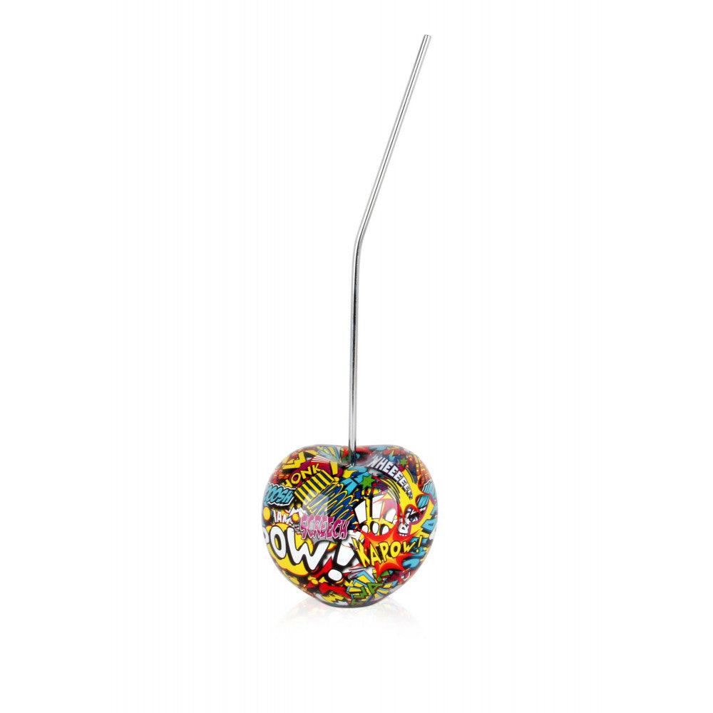 Bunte Pop Art Skulptur 'Kleine Kirsche' aus Harz mit Strohhalm, detailreiche Gestaltung in lebendigen Farben, ideal für kreative Dekoration.