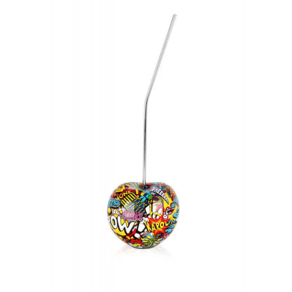 Bunte Pop Art Skulptur 'Kleine Kirsche' aus Harz mit Strohhalm, detailreiche Gestaltung in lebendigen Farben, ideal für kreative Dekoration.
