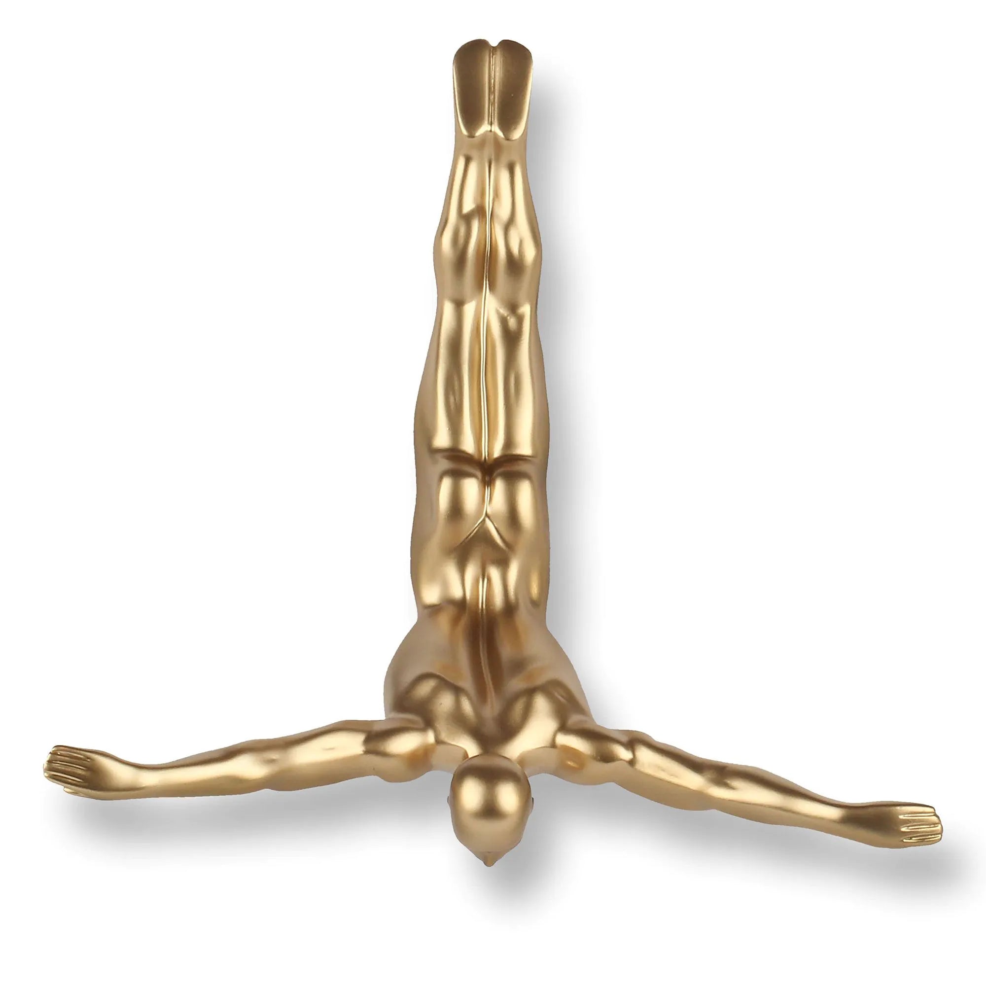 Detailansicht der goldenen Taucher Skulptur aus Kunstharz, präsentiert mit metallischen Effekten und handwerklicher Präzision, perfekte Wanddekoration.