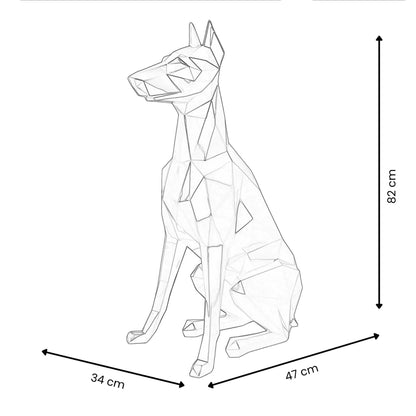 Facettierte Dobermann-Skulptur. Blauer Kunstwerk-Akzent. Hochwertiges Harz. Modernes Design. 82 x 47 x 34 cm.