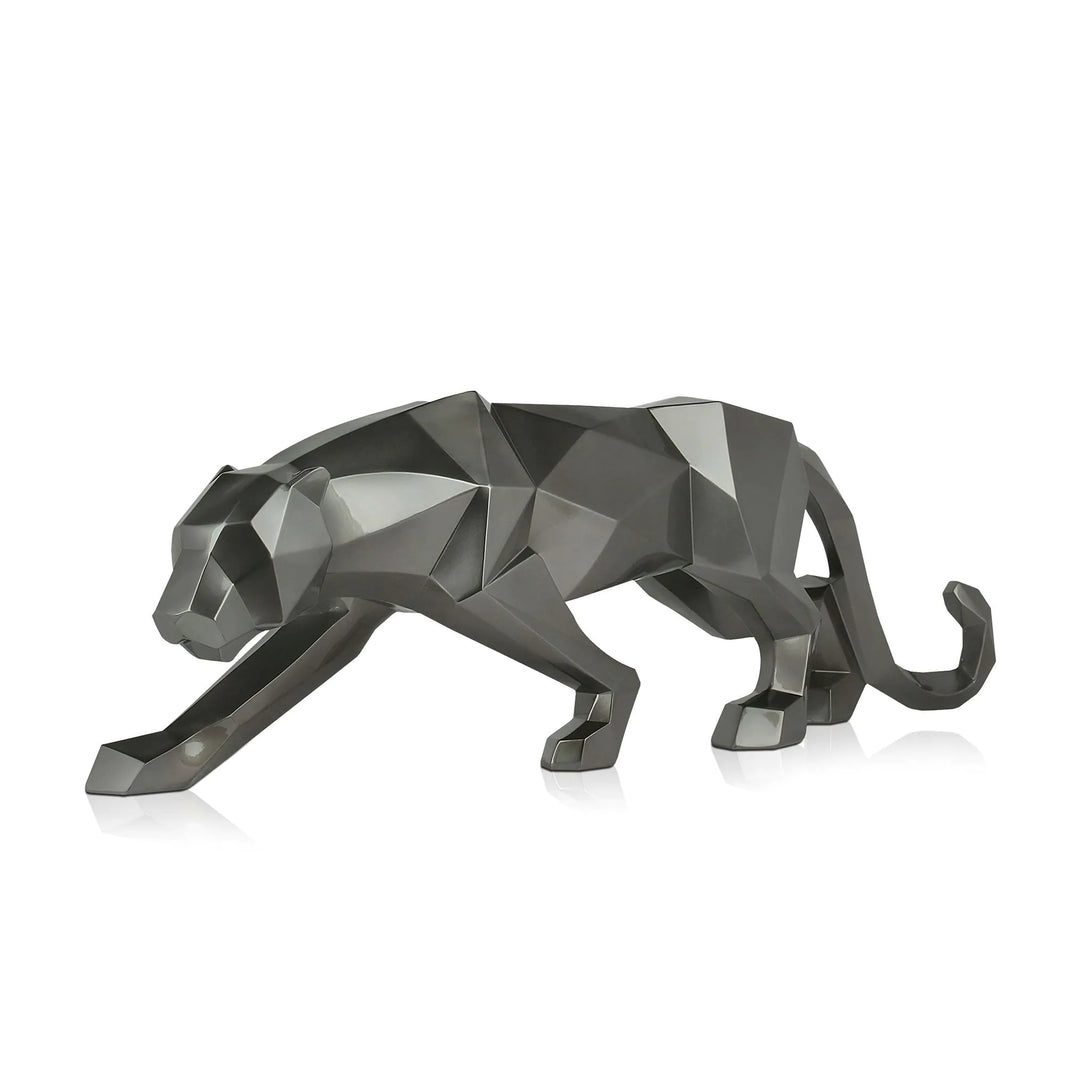 Facettierte Panther Skulptur aus Kunstharz, Anthrazitmetallic, 31 cm hoch - ein eleganter Blickfang für Ihr Zuhause.