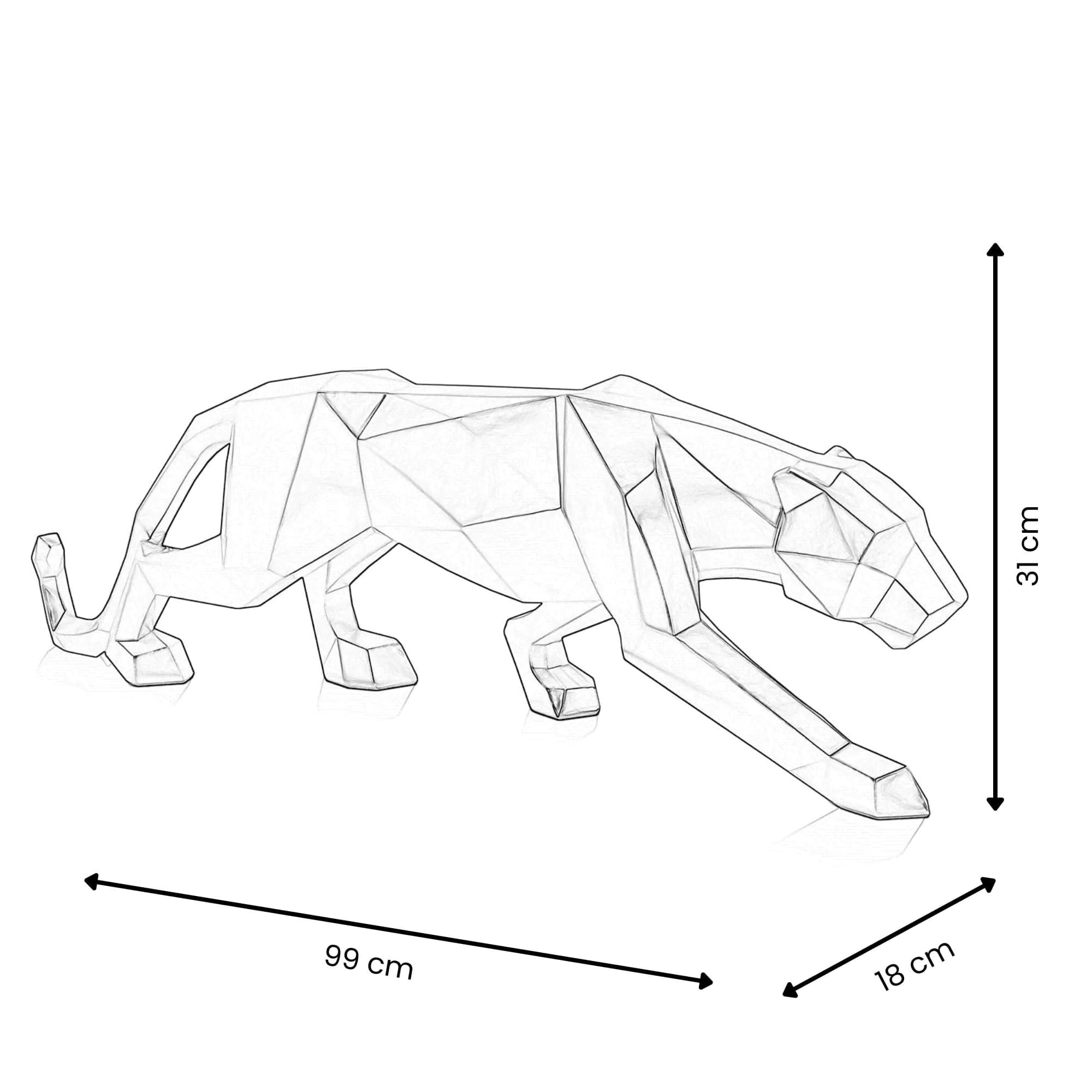 Facettierte Panther Skulptur Aus Kunstharz in einem modernen Raum, ideal als stylisches Dekorationselement, 31 cm hoch, 99 cm lang.