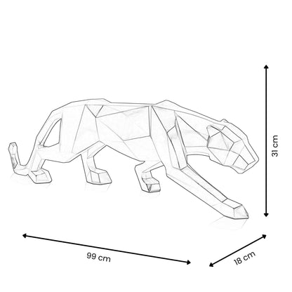 Facettierte Panther Skulptur Aus Kunstharz in einem modernen Raum, ideal als stylisches Dekorationselement, 31 cm hoch, 99 cm lang.