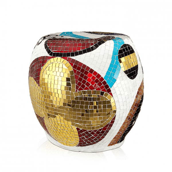 Dekorierte Glasskulptur Pop Art - Komposition 2. Couchtisch oder Hocker dekoriert mit Glasmosaik - Designerobjekte.com