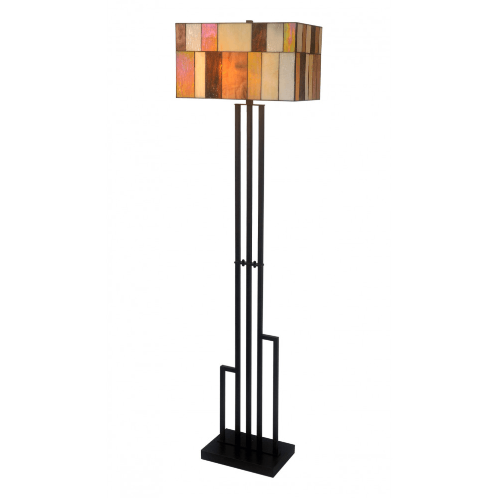 Tiffany inspirierte Designer Deckenfluter in Schmiedeeisen mit Glaselementen, präsentiert in modernem Art Nouveau-Stil, ideal für elegante Wohnräume und Büros.