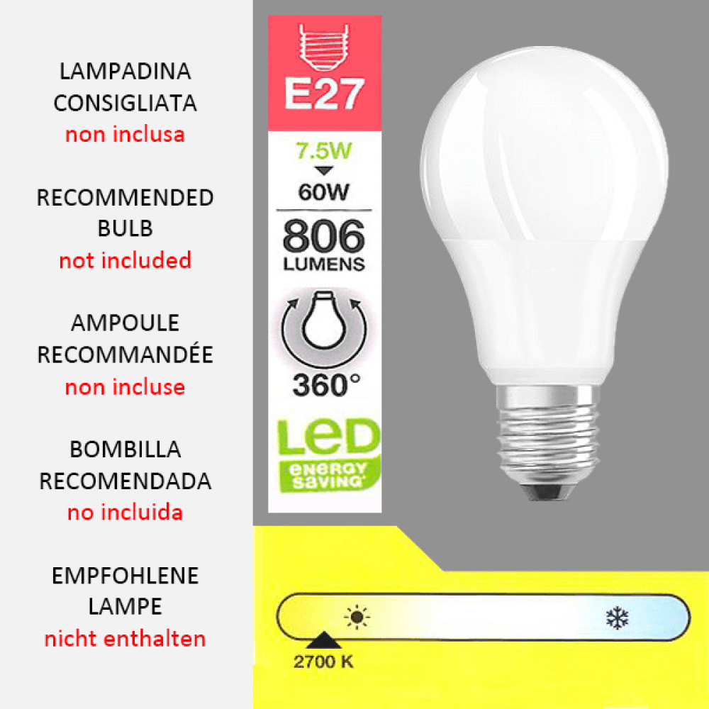 E27 Glühbirne für Tiffany Deckenleuchte aus Glas in Gelb – Empfohlene Lampe – nicht enthalten, Leuchtkraft von 806 Lumen, energiesparend und empfohlen für die Verwendung mit traditionellen Tiffany-Lampen.