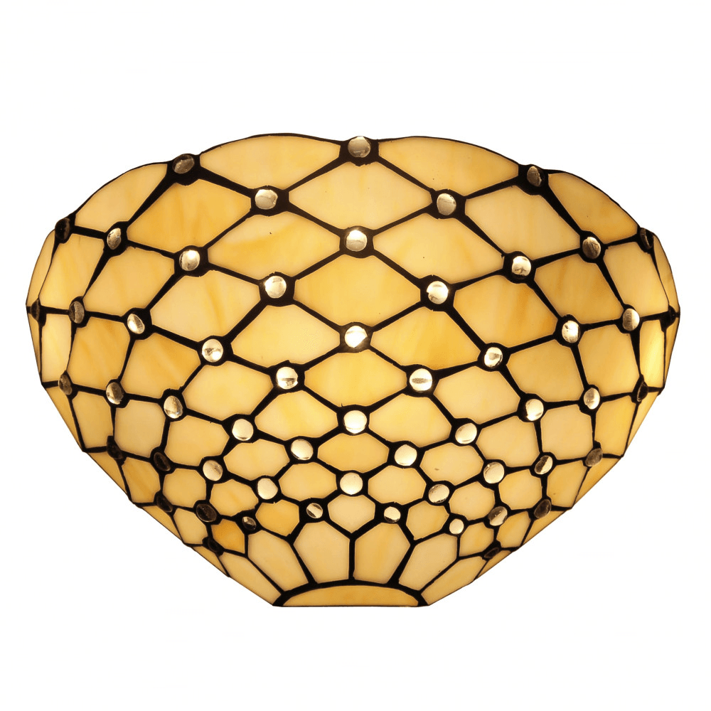 Tiffany Designer Wandleuchte mit funkelnden Glas-Edelsteinen, stilvoller Lampenschirm aus matt ockerfarbenem Glas mit eleganten, geschwungenen Formen.
