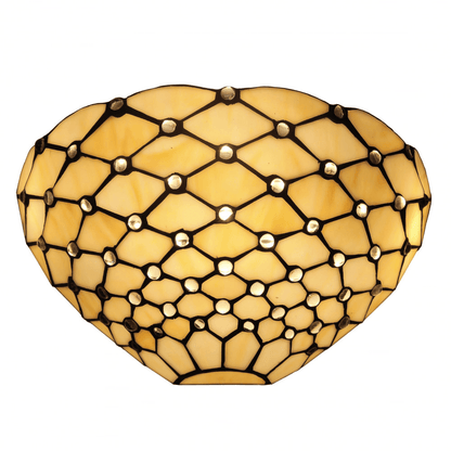 Tiffany Designer Wandleuchte mit funkelnden Glas-Edelsteinen, stilvoller Lampenschirm aus matt ockerfarbenem Glas mit eleganten, geschwungenen Formen.