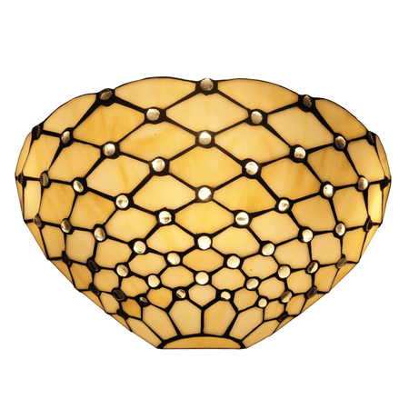 Tiffany Designer Wandleuchte mit funkelnden Glas-Edelsteinen, stilvoller Lampenschirm aus matt ockerfarbenem Glas mit eleganten, geschwungenen Formen.