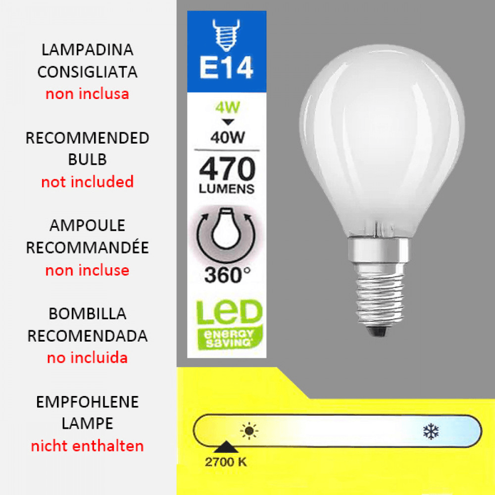 E14 Glühbirne, empfohlen für die Designer Tiffany Wandleuchte mit rotem und grünem Libellenmotiv, mit Energieeinsparungshinweisen.