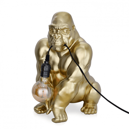 Designer Tischlampe Orang-Utan aus Harz mit Goldeffekt – Pop Art Skulptur für Ihr Zuhause, welche eine elegante goldene Orang-Utan-Figur mit einer Glühbirne darstellt.