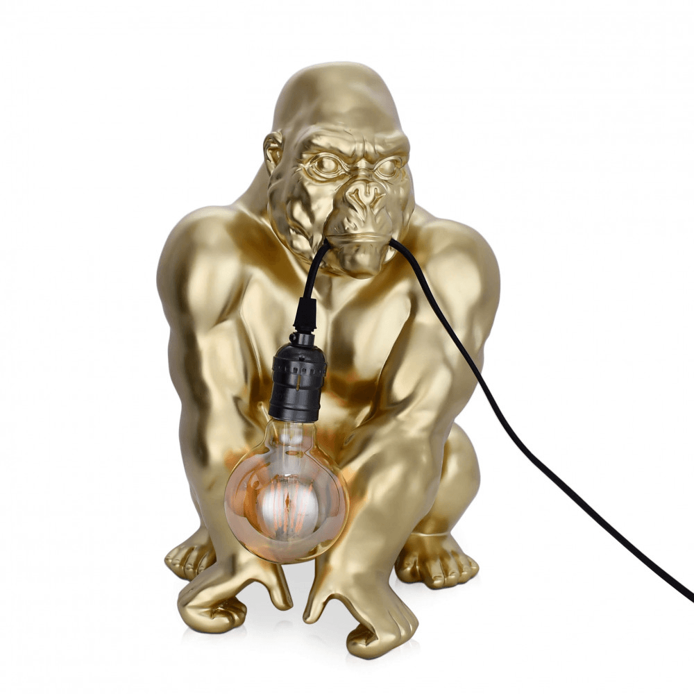 Designer Tischlampe Orang-Utan aus Harz mit Goldeffekt – detailreiche Skulptur in Goldfarbe, die als dekoratives Element und Beleuchtung dient.
