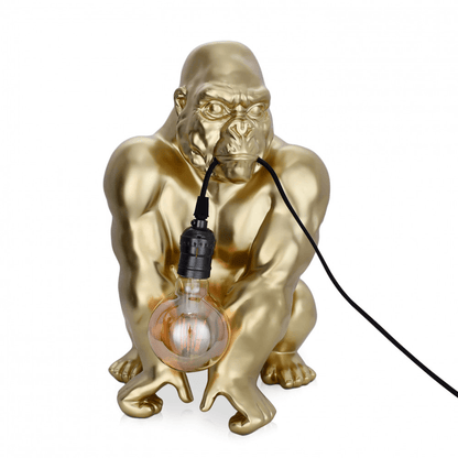 Designer Tischlampe Orang-Utan aus Harz mit Goldeffekt – detailreiche Skulptur in Goldfarbe, die als dekoratives Element und Beleuchtung dient.