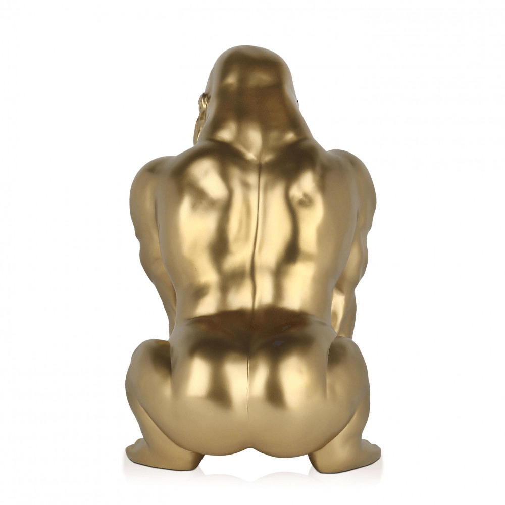 Designer Tischlampe Orang-Utan aus Harz mit Goldeffekt – Rückansicht der Tischlampe, zeigt die massive goldene Form und das minimalistische Design.