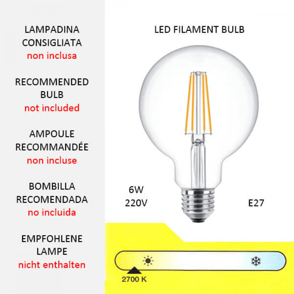 Illustration einer empfohlenen E27 LED-Filament-Glühbirne für die Designer Wandleuchte Löwenkopf, mit Informationen zur Lichtfarbe und Wattzahl.