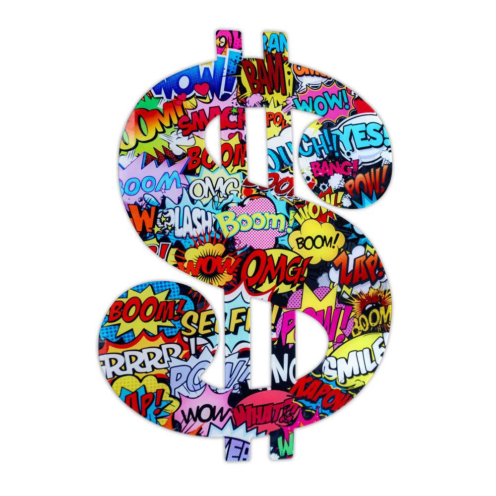 Dollar Pop Art: Mehrfarbiger Quadrodruck auf geformter Acrylplatte mit dynamischen Comic-Effekten und lebendigen Farben, die das ikonische Dollar-Symbol darstellen.