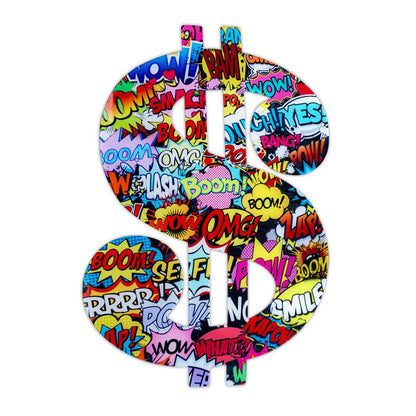 Dollar Pop Art: Mehrfarbiger Quadrodruck auf geformter Acrylplatte mit dynamischen Comic-Effekten und lebendigen Farben, die das ikonische Dollar-Symbol darstellen.