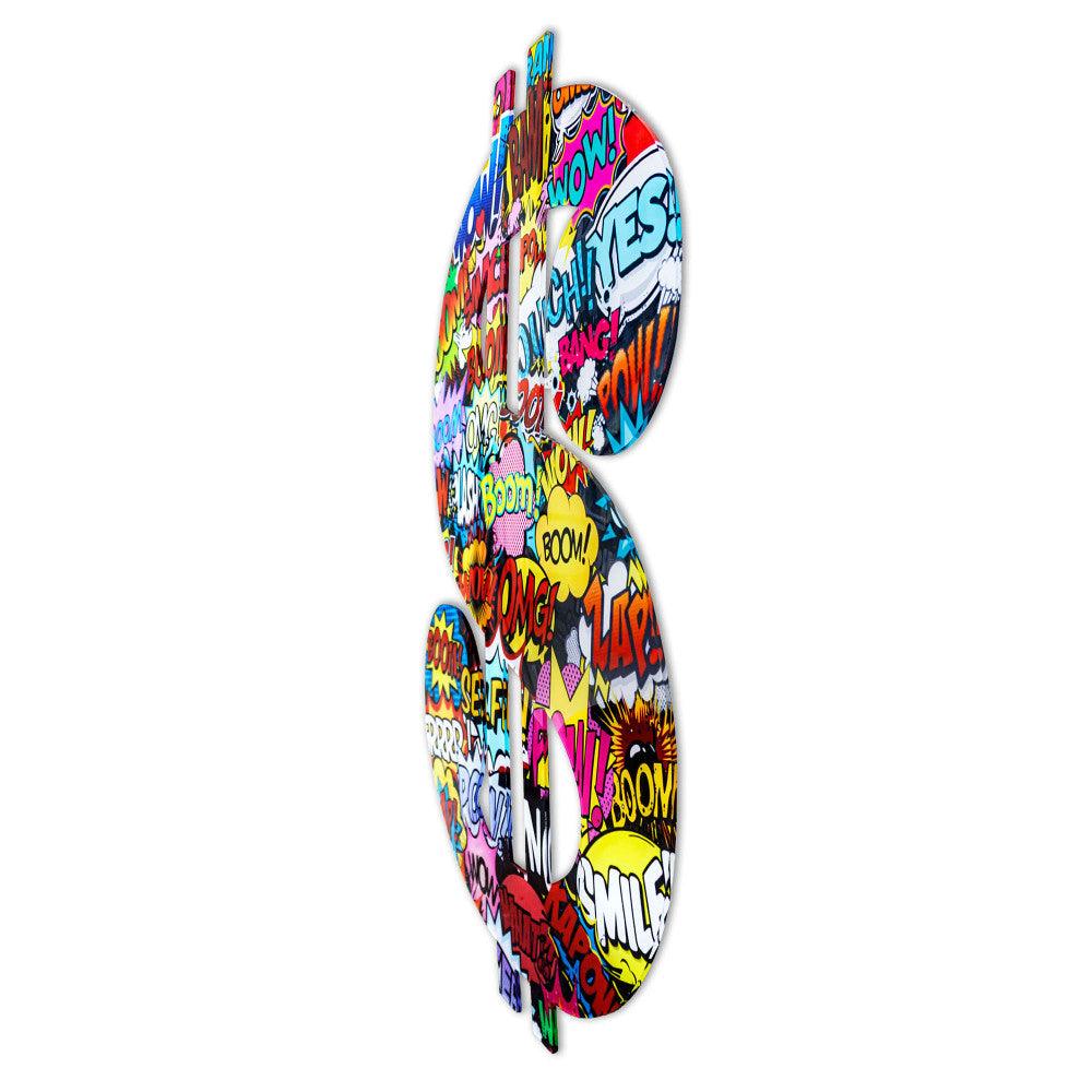 Dollar Pop Art: Mehrfarbiger Quadrodruck auf geformter Acrylplatte, leuchtende Farben und dynamisches Design in einem Dollarzeichen-Motiv.