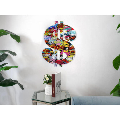 Dollar Pop Art: Mehrfarbiger Quadrodruck auf geformter Acrylplatte, präsentiert im modernen Wohnraum als stilvolles Dekorationselement.