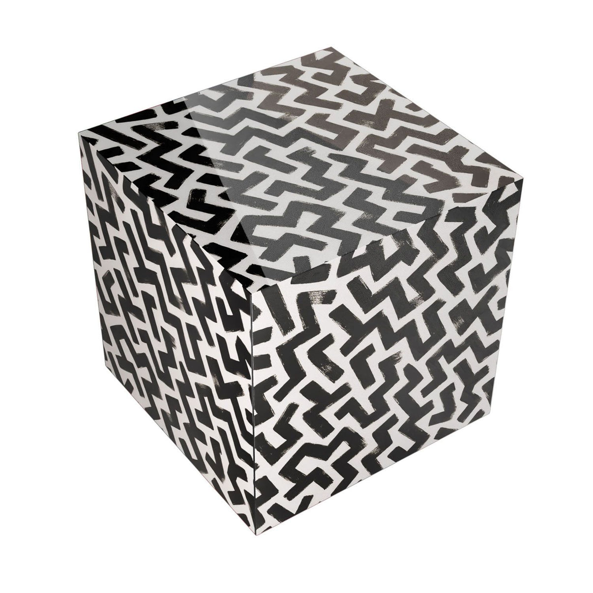 Detailansicht des Beistelltischs Labyrinth, glänzendes Finish und einzigartiger abstrakter Druck.