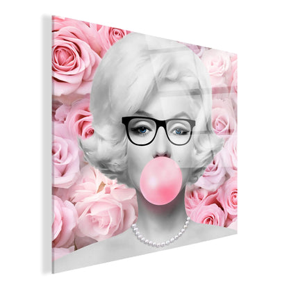 Modernes Acrylgemälde Marilyn Mit Rosen, 98x98 Cm, Hergestellt In Italien, Poliertes Design - Bild einer stilisierten Marilyn Monroe mit Kaugummi und Brille, umgeben von rosa Rosen.