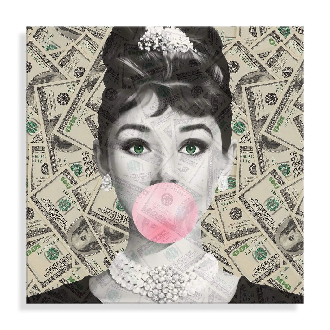 Acrylbild Audrey mit Dollar – Modernes Kunstwerk auf poliertem Methacrylat-Panel, Made in Italy; prächtige Darstellung von Audrey Hepburn, ideal für stilvolle Wohnräume.