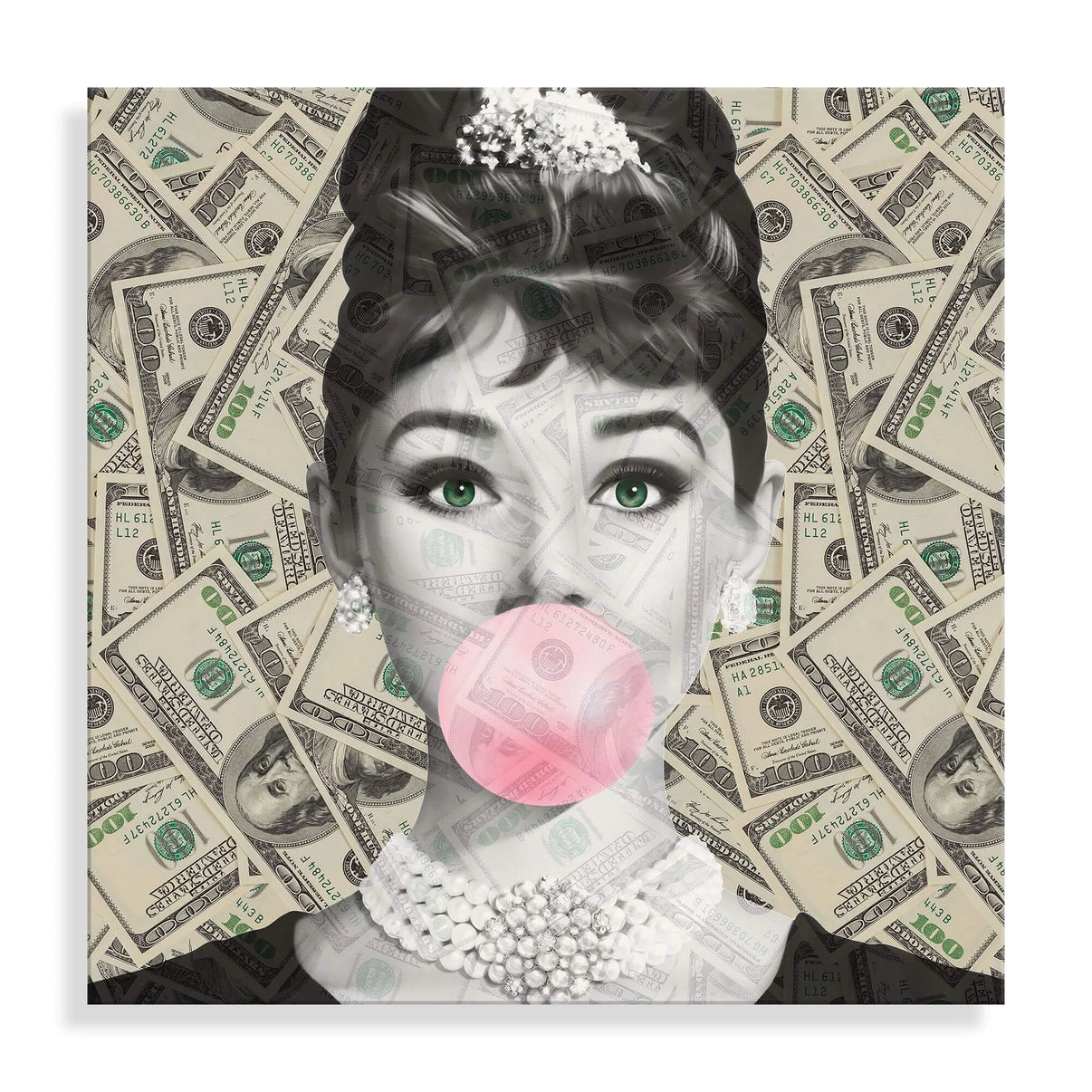 Acrylbild Audrey mit Dollar – Modernes Kunstwerk auf poliertem Methacrylat-Panel, Made in Italy; prächtige Darstellung von Audrey Hepburn, ideal für stilvolle Wohnräume.