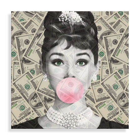 Acrylbild Audrey mit Dollar – Modernes Kunstwerk auf poliertem Methacrylat-Panel, Made in Italy; prächtige Darstellung von Audrey Hepburn, ideal für stilvolle Wohnräume.