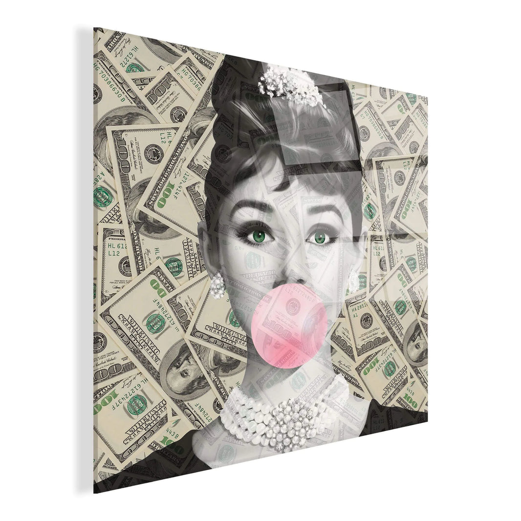 Detailaufnahme des Acrylbilds Audrey mit Dollar; modernes Kunstwerk auf glänzendem Methacrylat-Panel, das mit lebendigen Farben und italienischer Handwerkskunst besticht.