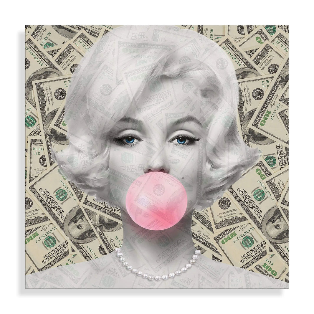 Acrylbild Marilyn Monroe mit Dollarzeichen, modernes Kunstwerk auf Methacrylat-Panel, das glamouröse Popkultur feiert.