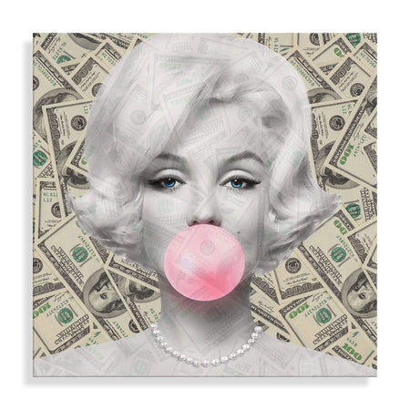 Acrylbild Marilyn Monroe mit Dollarzeichen, modernes Kunstwerk auf Methacrylat-Panel, das glamouröse Popkultur feiert.