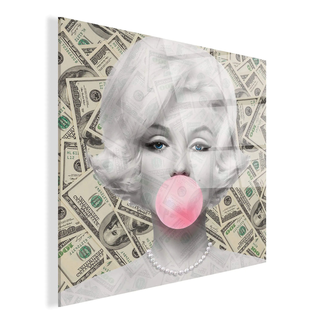 Nahaufnahme des Acrylbildes Marilyn Monroe mit Dollarzeichen, glänzendes Design auf hochwertigem Methacrylat-Panel für eine stilvolle Wohnraumgestaltung.