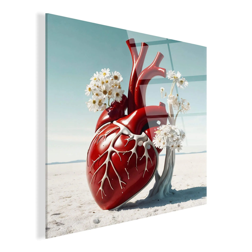 Detailansicht des surrealistischen Herz Acrylbilds auf Methacrylat-Panel, modernes Design in lebendigen Farben, ideal für zeitgenössische Wohnräume.