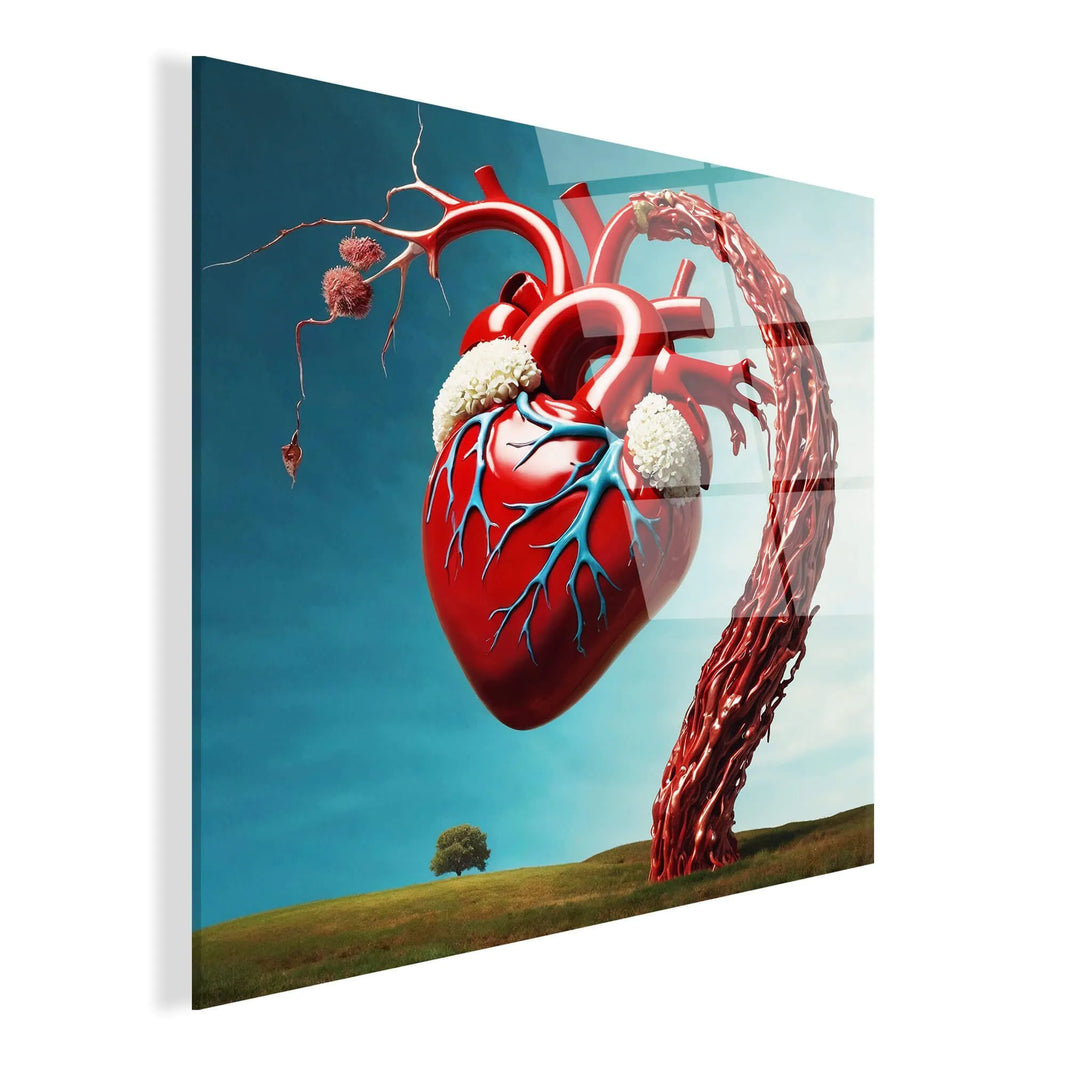 Detailaufnahme des surrealistischen Acrylbildes mit Herzmotiv, glänzendes Methacrylat-Panel, modernes Design für kreative Innenräume.