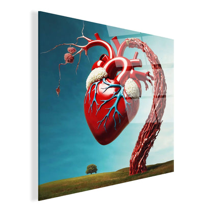 Detailaufnahme des surrealistischen Acrylbildes mit Herzmotiv, glänzendes Methacrylat-Panel, modernes Design für kreative Innenräume.