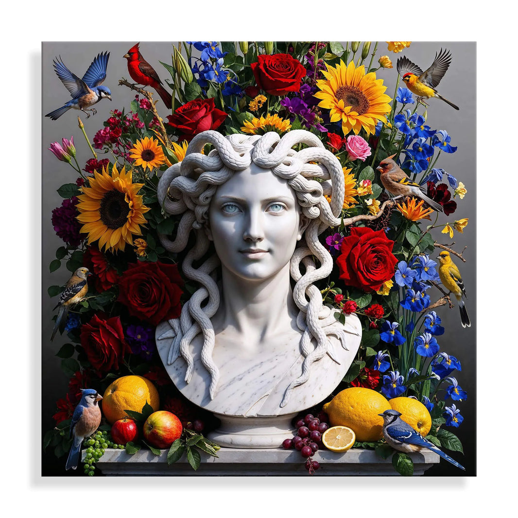 Modernes Acrylbild Stillleben Mit Medusa auf glänzendem Methacrylat, faszinierende Farbakzente und exquisite Lichtreflexion für stilvolle Wohnräume.