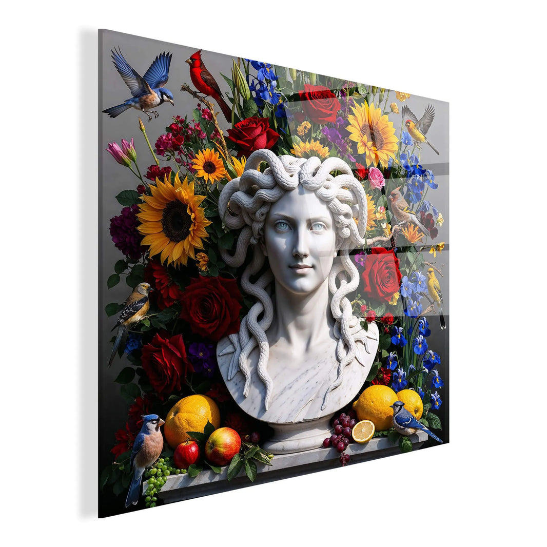 Detailaufnahme des modernen Acrylbilds Stillleben Mit Medusa, hochwertige Verarbeitung in italienischem Design, ideal für Wohnzimmer und kreative Arbeitsplätze.